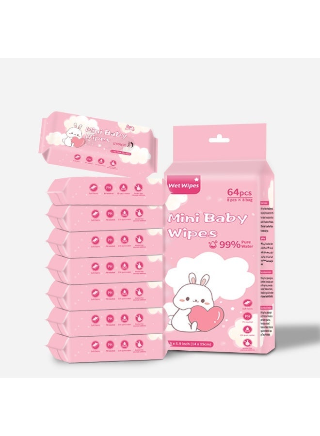 مناديل مبللة للأطفال – ميني 8 قطع/عبوة (الإجمالي 8 عبوات) مغلفة بشكل فردي، تحتوي على 99% ماء نقي، لطيفة على البشرة، مضادة للحساسية، صديقة للبيئة، ومثالية لحديثي الولادة وللاستخدام أثناء التنقل. - Image 1